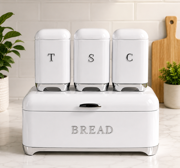 4 Piece Glossy Retro Bread Bin & Canister Set – Timeless Kitchen Elegance