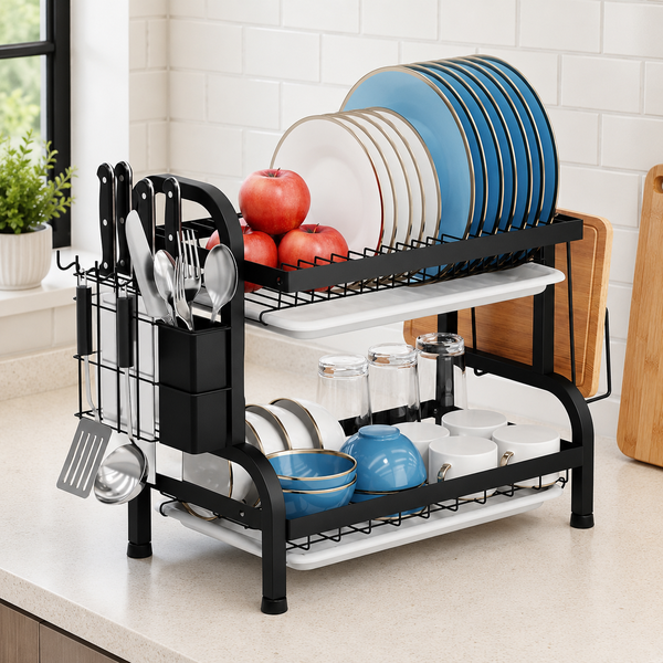 2 Tier Dish Drying Rack with Drainboard – Organised Kitchen Drying Solution