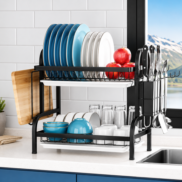 2 Tier Dish Drying Rack with Drainboard – Organised Kitchen Drying Solution