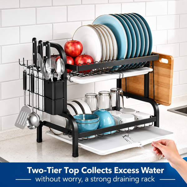 2 Tier Dish Drying Rack with Drainboard – Organised Kitchen Drying Solution
