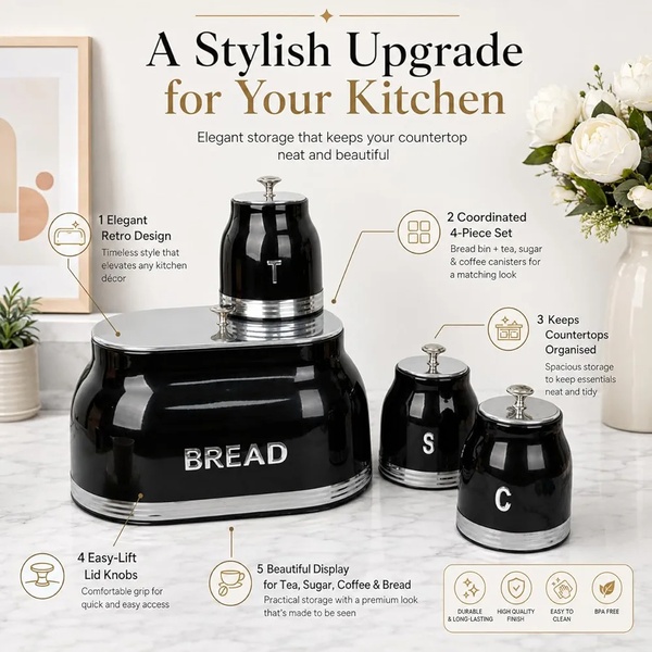 4 Piece Bread Bin & Canister Set – Modern Kitchen Storage