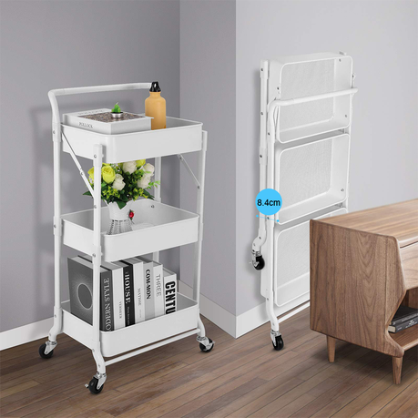 Foldable 3-Tier Rolling Storage Cart – White