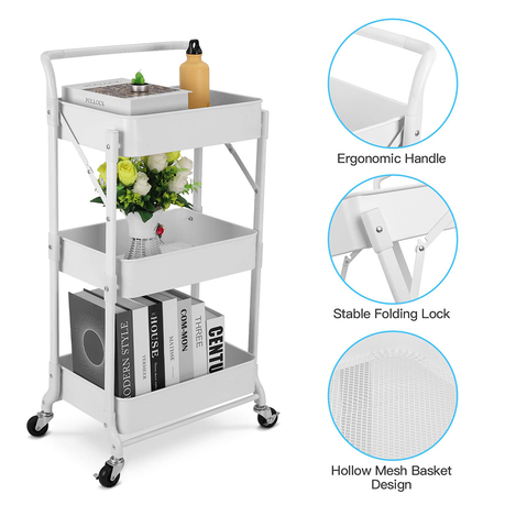 Foldable 3-Tier Rolling Storage Cart – White