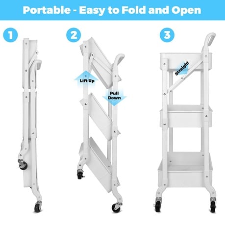 Foldable 3-Tier Rolling Storage Cart – White