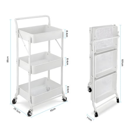 Foldable 3-Tier Rolling Storage Cart – White