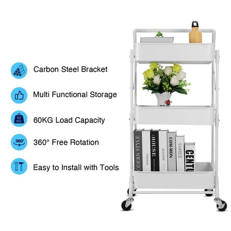 Foldable 3-Tier Rolling Storage Cart – White
