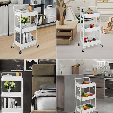 Foldable 3-Tier Rolling Storage Cart – White