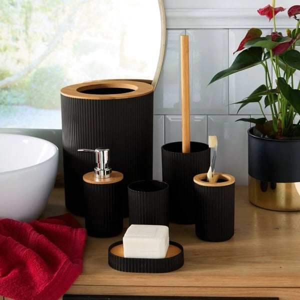 6-Piece Bathroom Accessory Set – Black with Bamboo Finish
