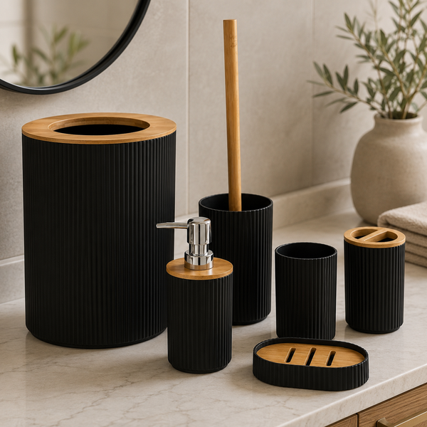 6-Piece Bathroom Accessory Set – Black with Bamboo Finish