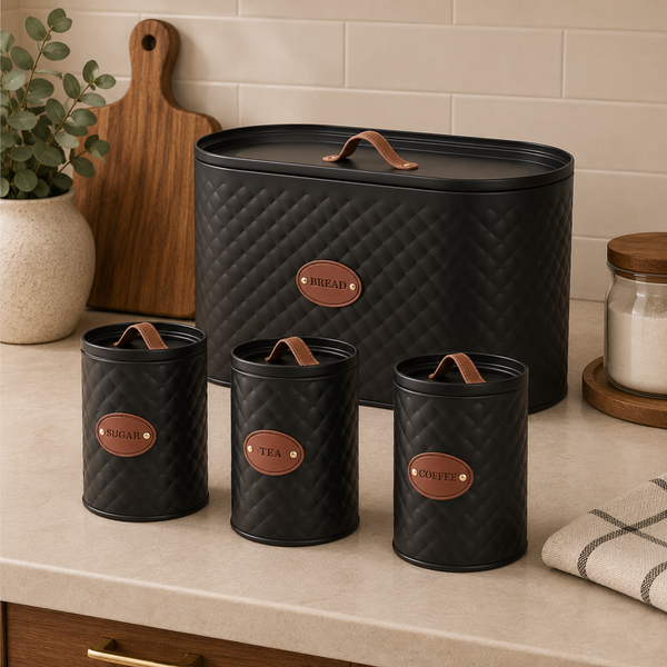 4-Piece Rustic Metal Bread Bin & Canister Set with Leather-Style Handles