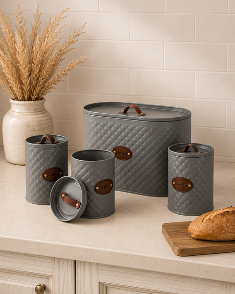 4-Piece Rustic Metal Bread Bin & Canister Set with Leather-Style Handles