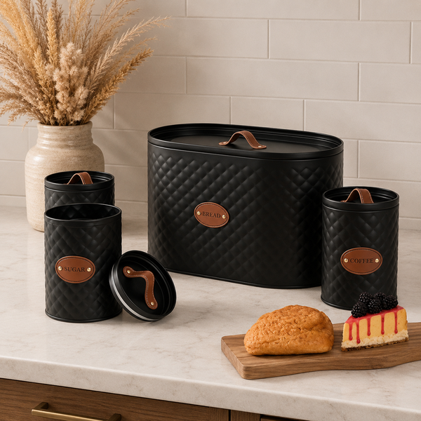 4-Piece Rustic Metal Bread Bin & Canister Set with Leather-Style Handles