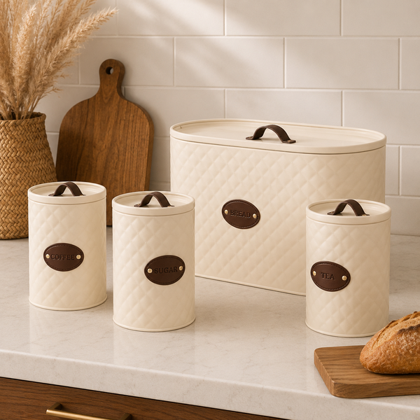 4-Piece Rustic Metal Bread Bin & Canister Set with Leather-Style Handles
