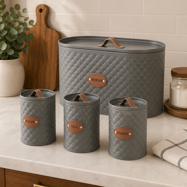 4-Piece Rustic Metal Bread Bin & Canister Set with Leather-Style Handles