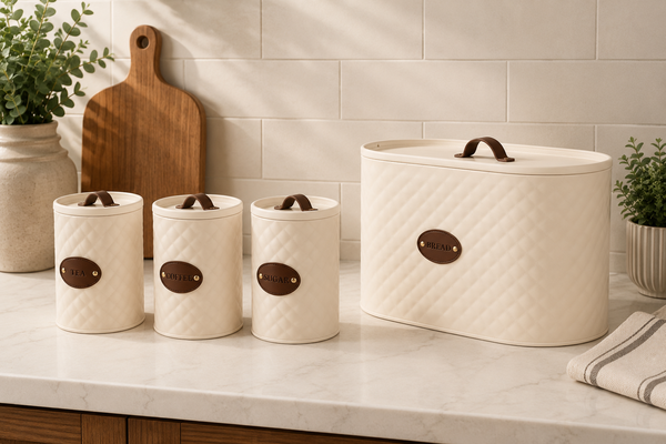 4-Piece Rustic Metal Bread Bin & Canister Set with Leather-Style Handles
