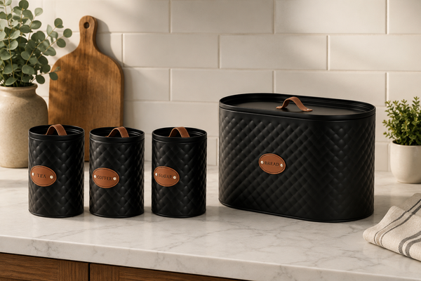 4-Piece Rustic Metal Bread Bin & Canister Set with Leather-Style Handles