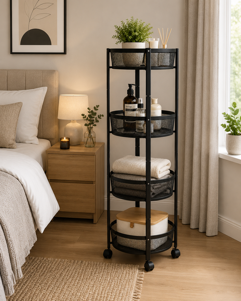 4-Tier Round Metal Folding Storage Trolley with Mesh Baskets