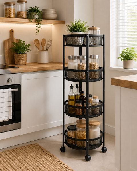 4-Tier Round Metal Folding Storage Trolley with Mesh Baskets