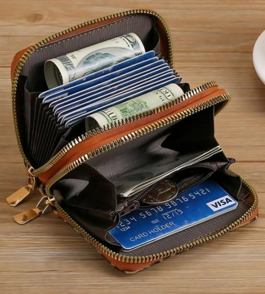 Ladies Leopard Print Double Zip Card Holder Wallet