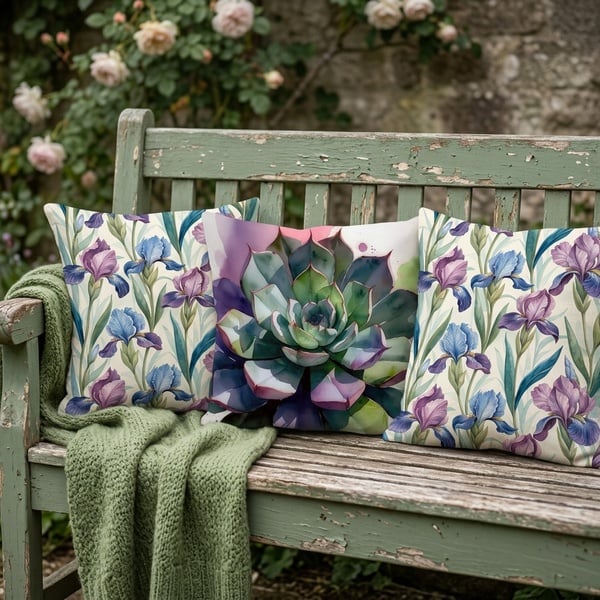 Iris  and 1 succulent set 50 x50  premium linen weave set of 3 R500 special ( succulent is free)