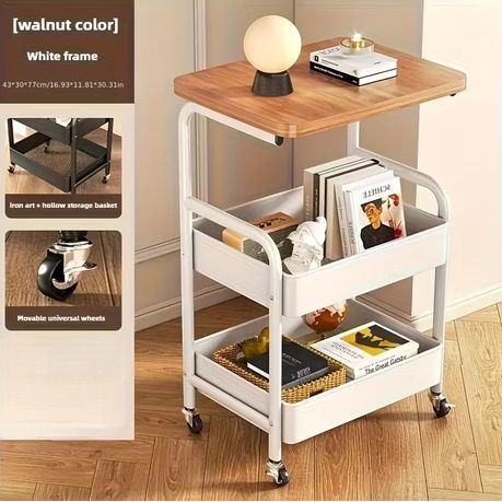 Nordic Moveable Double-Layer Side-Table Storage Trolley - White, Brown
