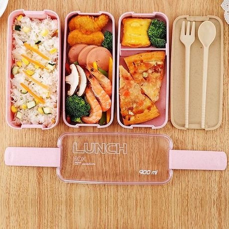 Portable Lunch Box With 3 Layers - 900ml Eco Friendly Includes Cutlery