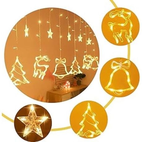 Christmas Santa 12 Ornaments Curtain Fairy String Lights RGB
