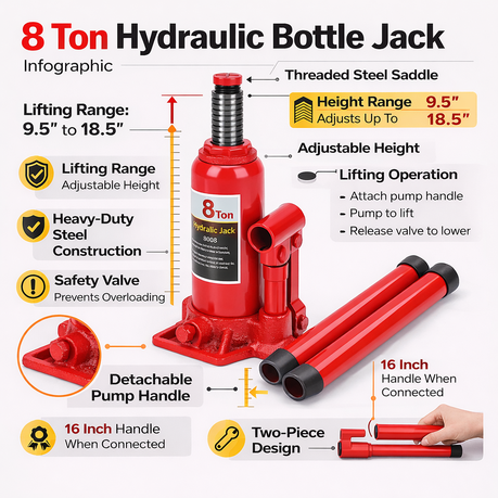 8 Ton Bottle Jack - Heavy Duty, Hydraulic