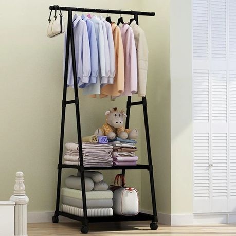 2-Layer Multi-Functional Shelf And Hanging Clothes Rack With Wheels