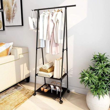 2-Layer Multi-Functional Shelf And Hanging Clothes Rack With Wheels