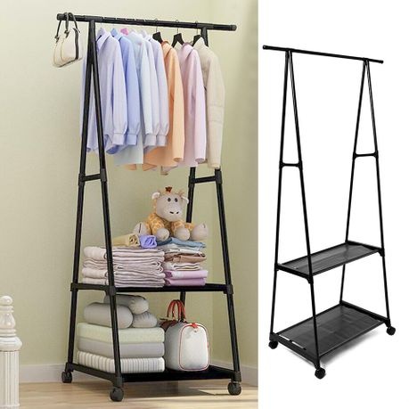 2-Layer Multi-Functional Shelf And Hanging Clothes Rack With Wheels