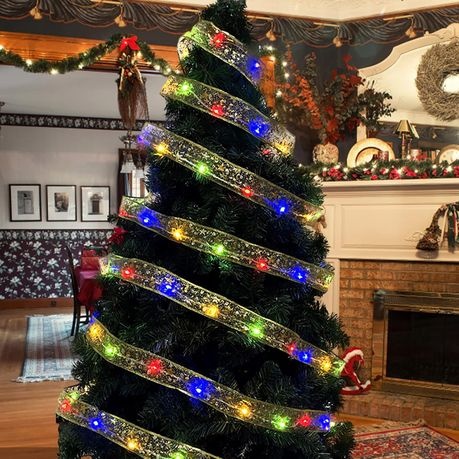 5m 50 Led Christmas Tree Decorations Gold Ribbon Colorful Lights - warm color - 1 Pack