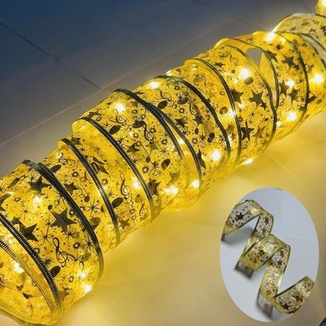 5m 50 Led Christmas Tree Decorations Gold Ribbon Colorful Lights - warm color - 1 Pack