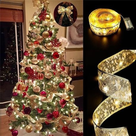 5m 50 Led Christmas Tree Decorations Gold Ribbon Colorful Lights - warm color - 1 Pack