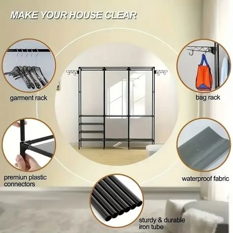 4-Tier -Standing Metal Coat Rack with 7 Storage Shelves and 3 Hanging Bars