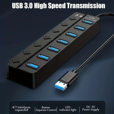 ONFINIO USB 3.0 Hub 7-Port with LED Switch for Laptop PC Printer Camera