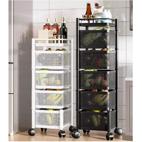 5 Layer Metal Trolley Storage Cart Rotating Basket Organizer for Home Use