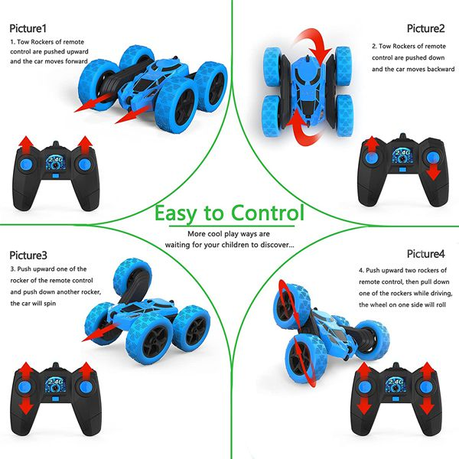 Remote Control Stunt Car Toy 4WD 2.4Ghz Double Sided 360 Rotating - Blue