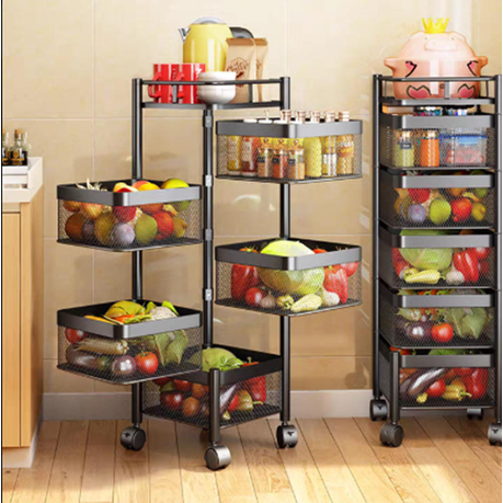 5 Layer Metal Trolley Storage Cart Rotating Basket Organizer for Home Use