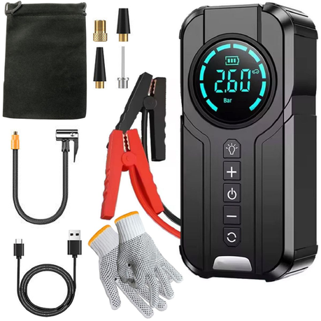 4 in 1 Car Emergency Booster, Tyre Inflator, Power Bank, Flashlight & Glove