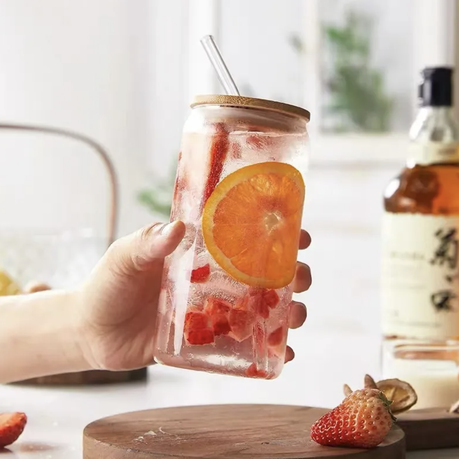 Glass Travel Cup with Bamboo Lid & Straw - 380 ml