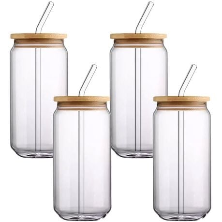 Glasses With Bamboo Lids And Glass Straw - 4-Piece - 500ml