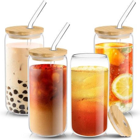 Glasses With Bamboo Lids And Glass Straw - 4-Piece - 500ml