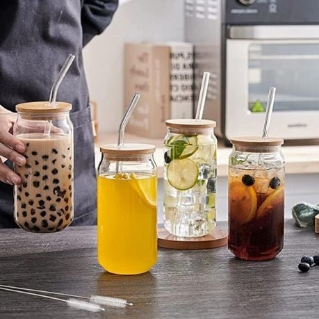 Glasses With Bamboo Lids And Glass Straw - 4-Piece - 500ml
