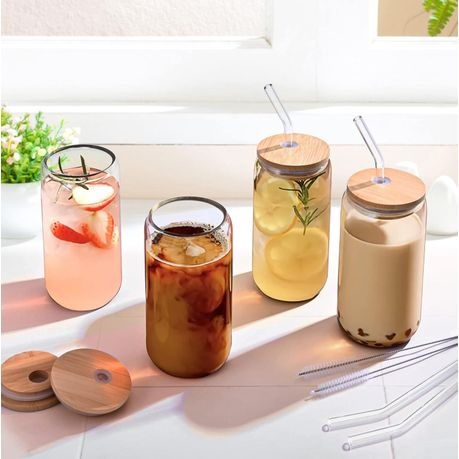 Glasses With Bamboo Lids And Glass Straw - 4-Piece - 500ml