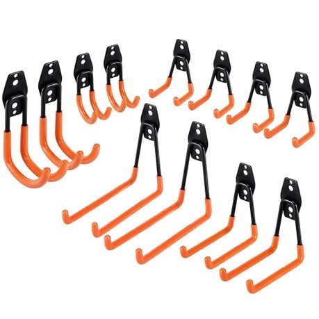 12 Heavy-Duty Iron Garage Hooks Non-Slip Coating Wall Mount Bikes Ladders - Orange
