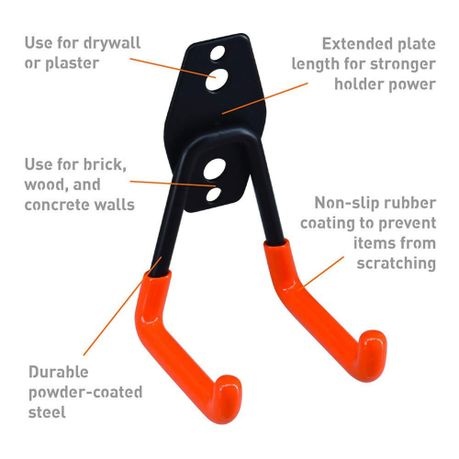 12 Heavy-Duty Iron Garage Hooks Non-Slip Coating Wall Mount Bikes Ladders - Orange