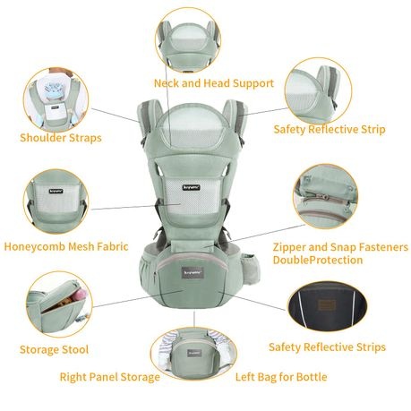 Green Baby Carrier with Hip Seat,Adjustable Removable 6in1 Baby Carrier