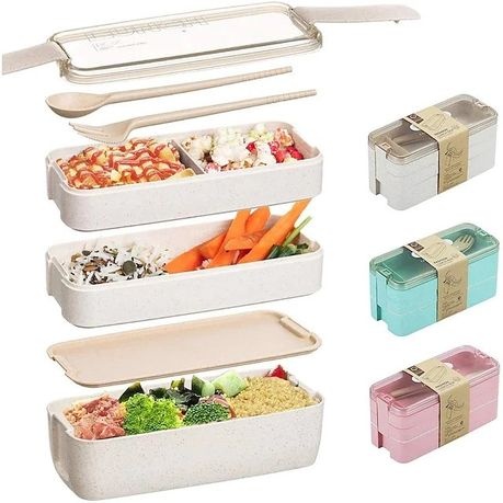 Portable Lunch Box With 3 Layers - 900ml Eco Friendly Includes Cutlery