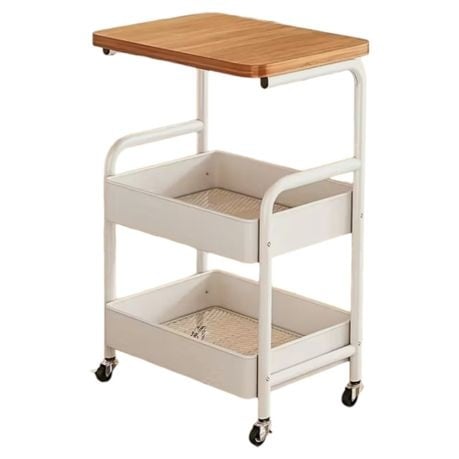Nordic Moveable Double-Layer Side-Table Storage Trolley - White, Brown
